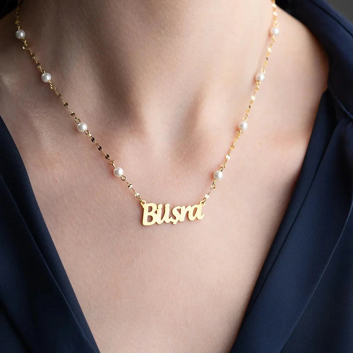 İNCİLİ EZME ZİNCİR İSİM KOLYE | 925 GÜMÜŞ