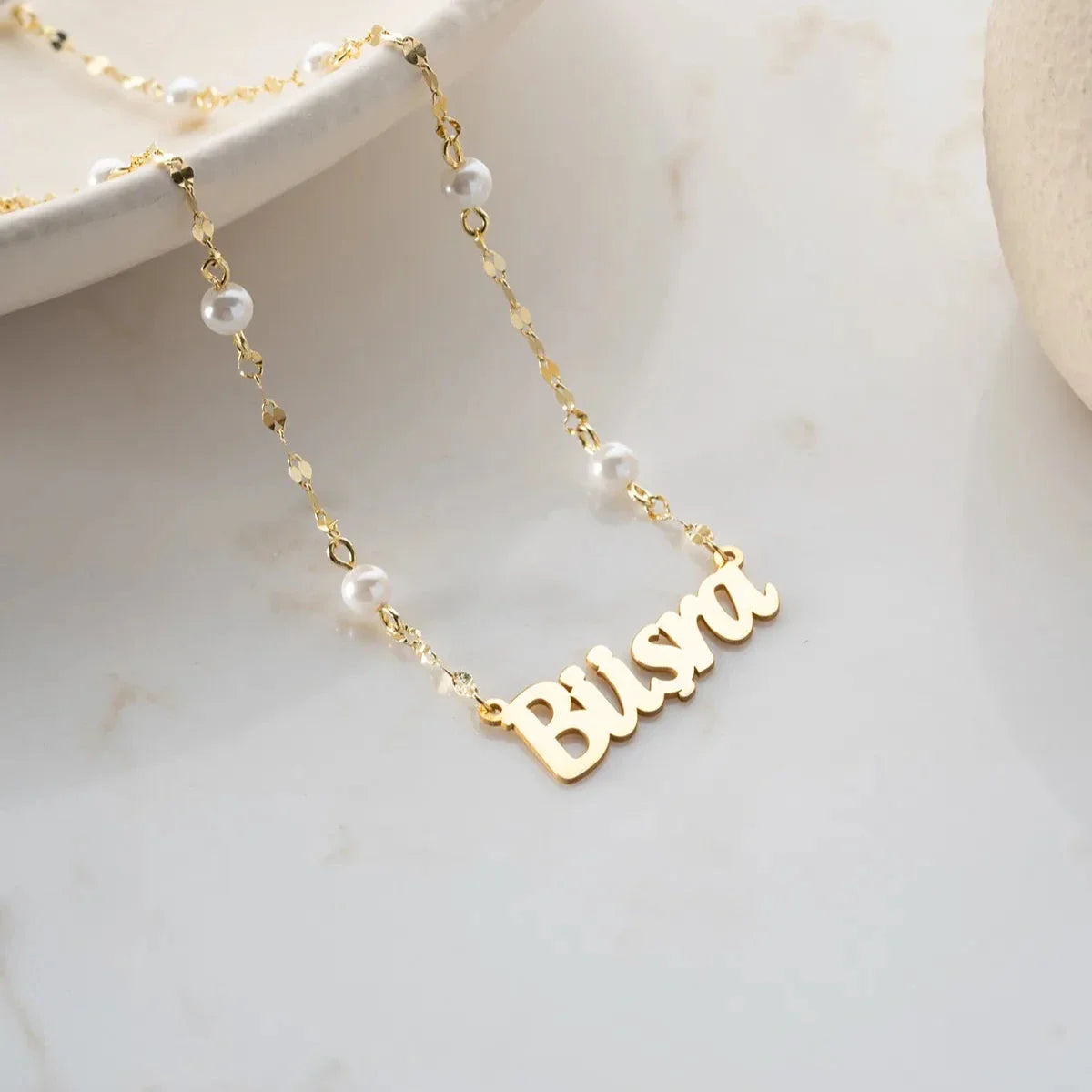 İNCİLİ EZME ZİNCİR İSİM KOLYE | 925 GÜMÜŞ