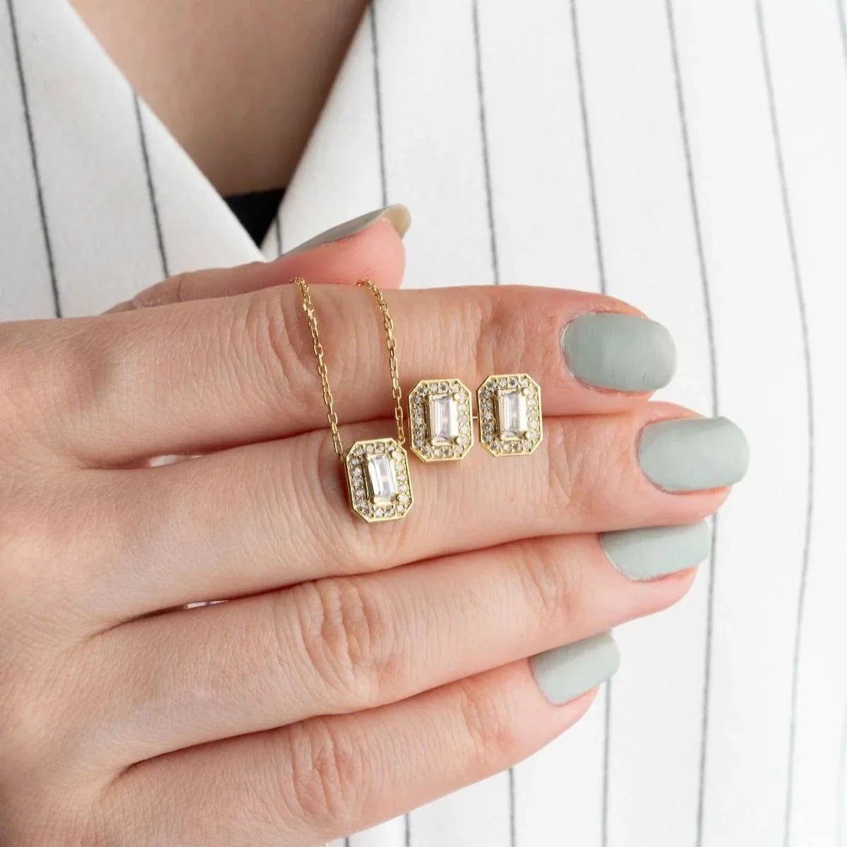 BAGET ZİRKON TAŞLI KOLYE KÜPE SET | 925 GÜMÜŞ