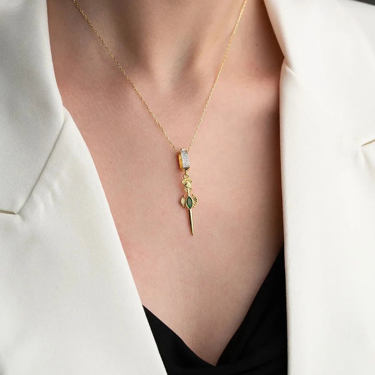 YEŞİL TAŞLI KILIÇ KOLYE | 925 GÜMÜŞ