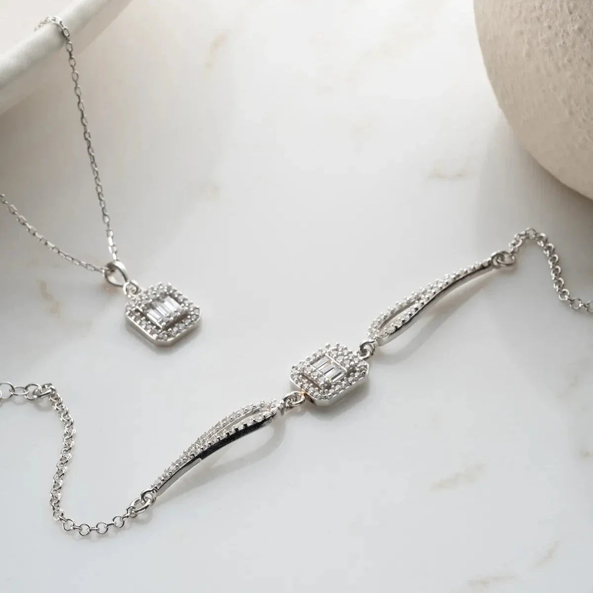 BAGET TAŞLI KOLYE BİLEKLİK SET | 925 GÜMÜŞ