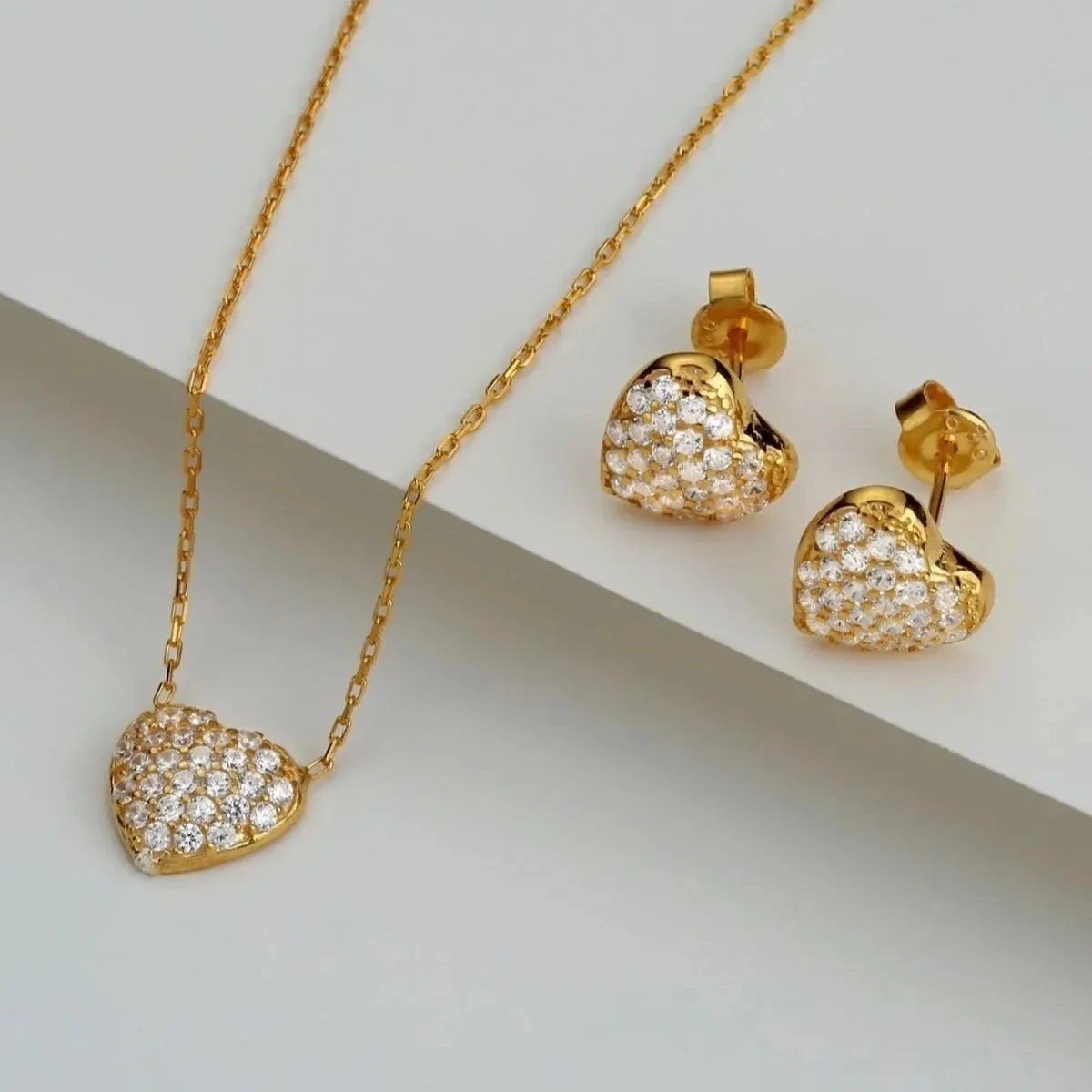 MİNİMAL TAŞLI KALP KOLYE KÜPE SET | 925 GÜMÜŞ