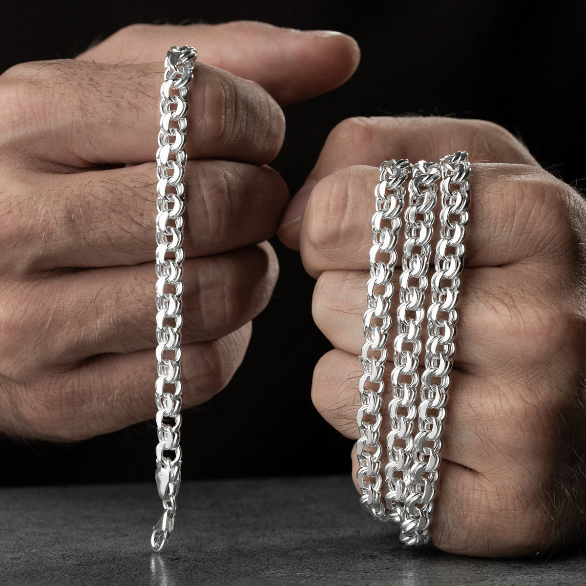 5 mm garibaldi zincir erkek kolye-bileklik set, elde yakın görünümü.