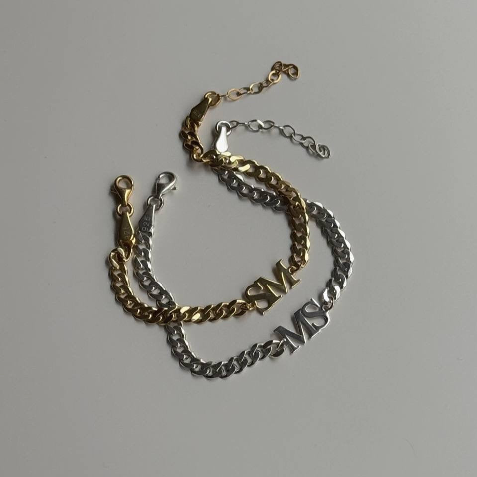 XXL GURMET ZİNCİRLİ İKİ HARFLİ ÇİFT BİLEKLİĞİ | 925 GÜMÜŞ