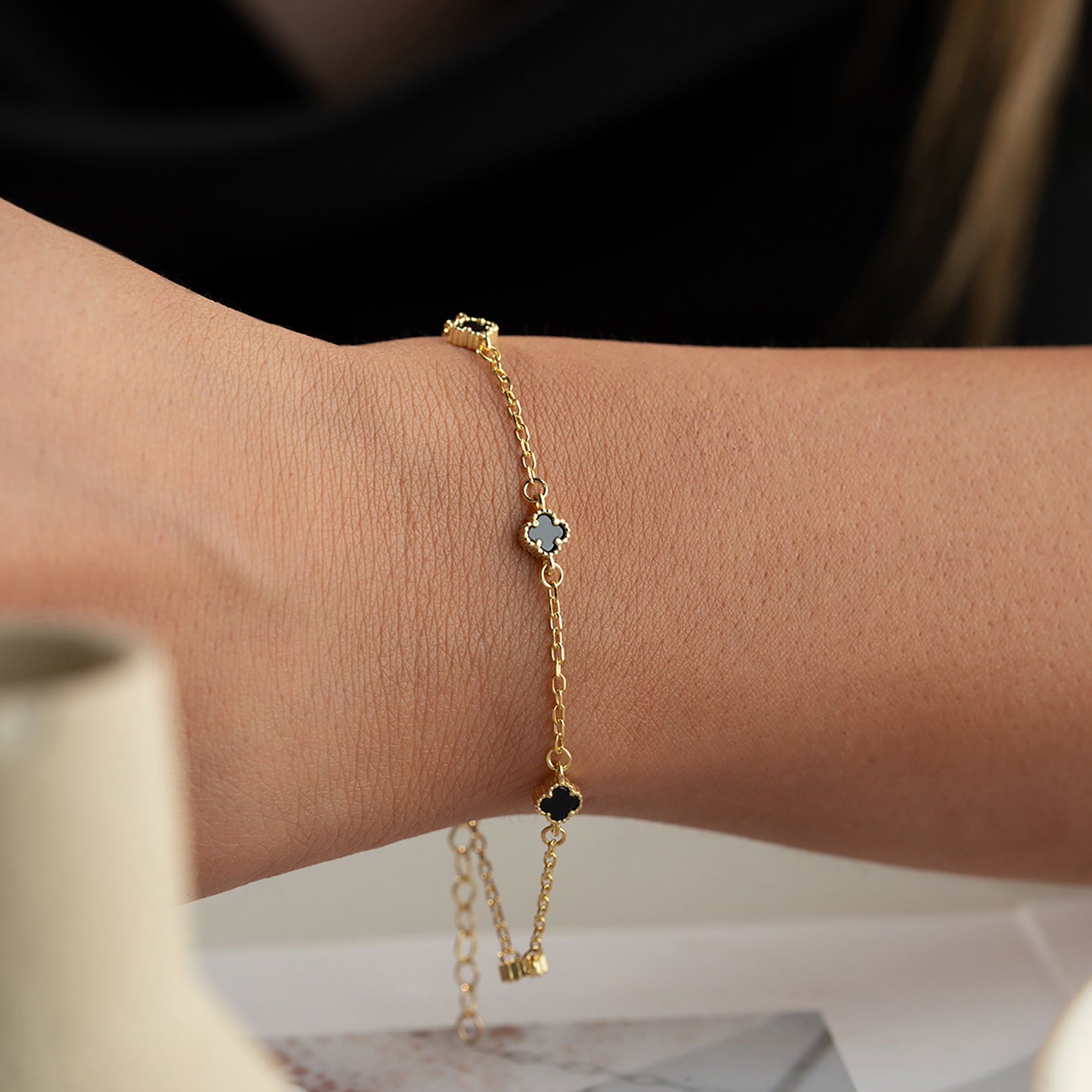 SİYAH TAŞLI ÇOKLU YONCA BİLEKLİK | 925 GÜMÜŞ