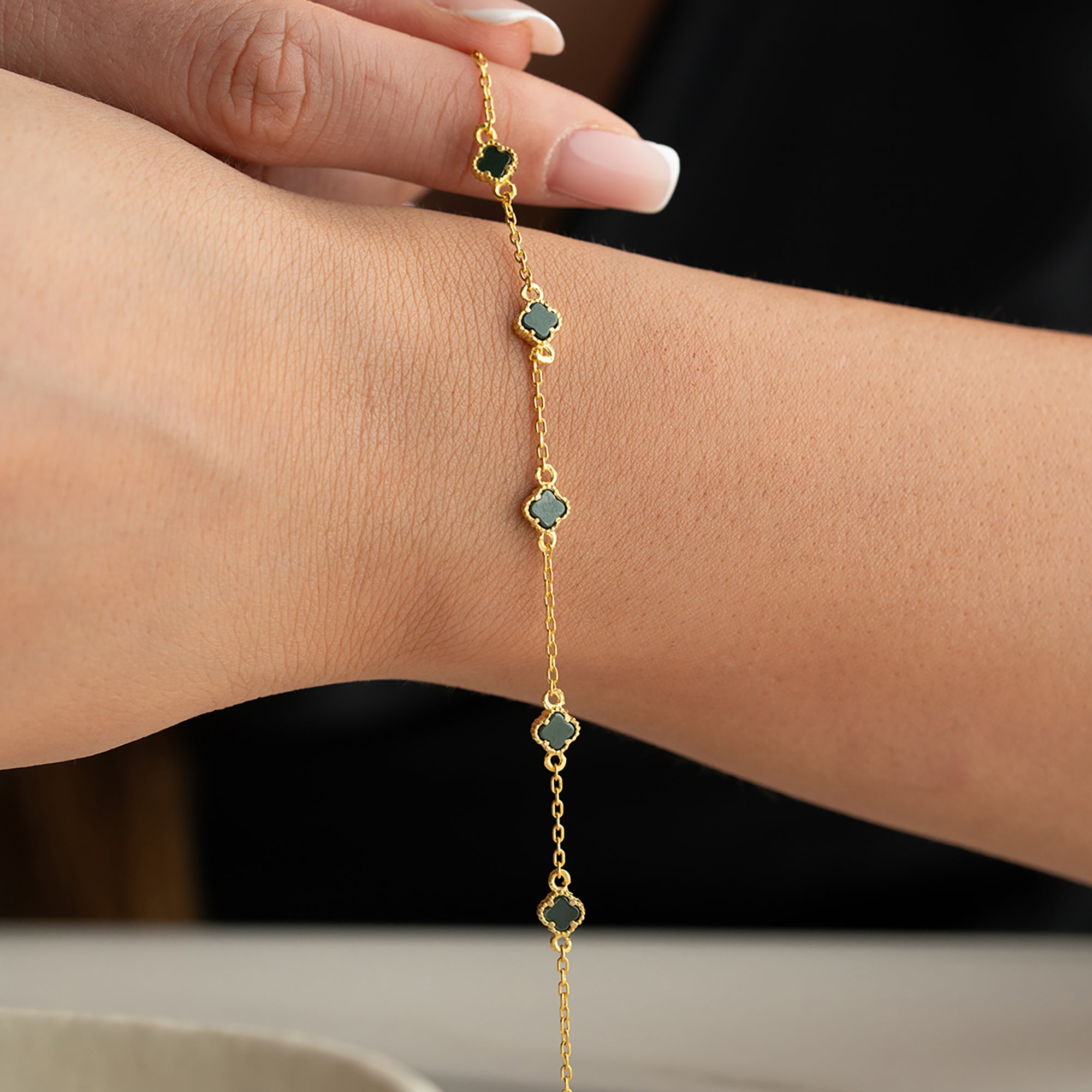 YEŞİL TAŞLI ÇOKLU YONCA BİLEKLİK | 925 GÜMÜŞ