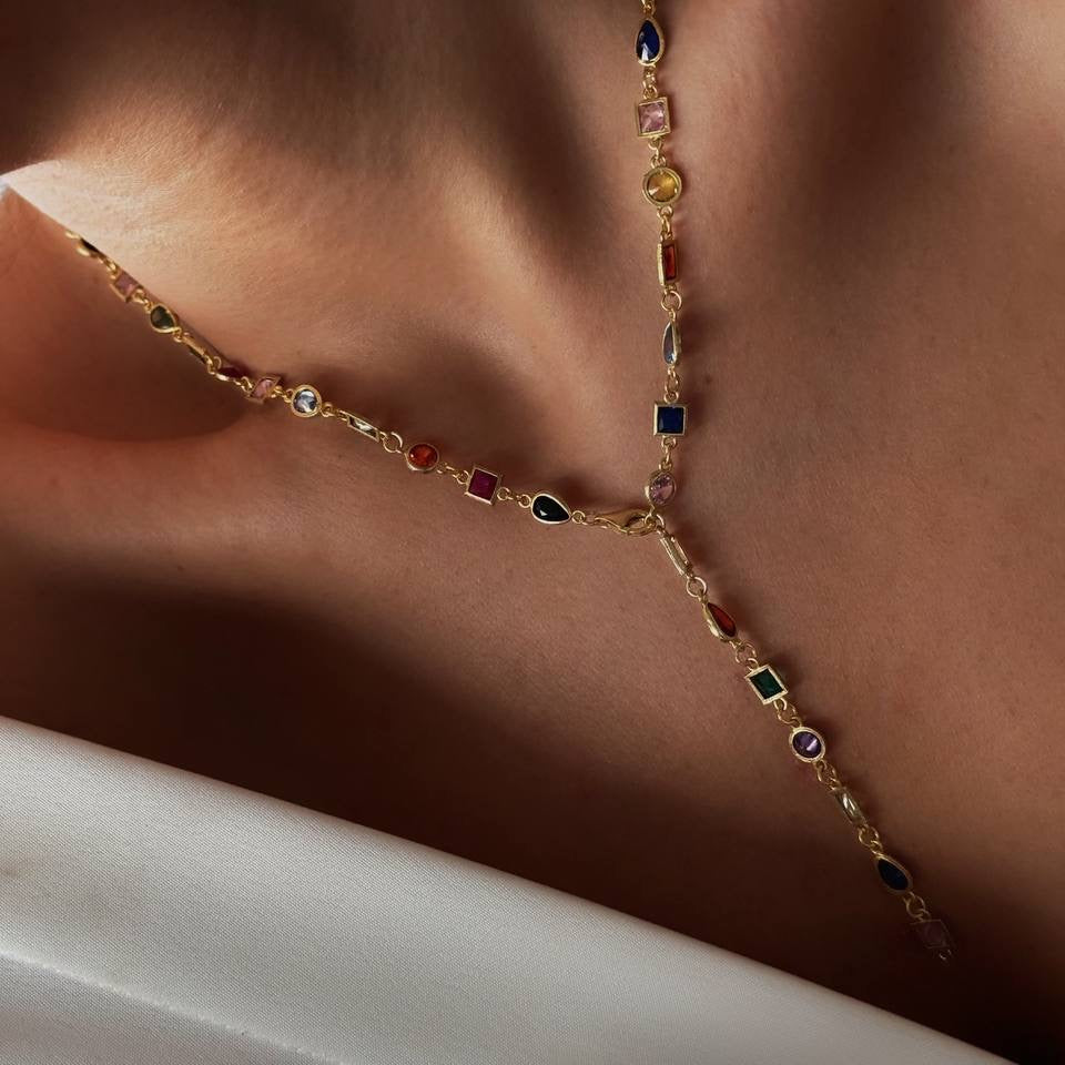 Asimetrik Mix Taşlı Tasarım Y Kolye | 925 Ayar Gümüş – Jeweliay Jewelry – 7