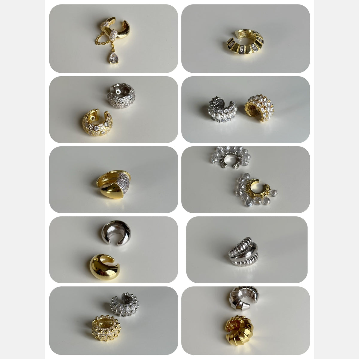 İncili, taşlı ve sade earcuff kıkırdak küpe modellerinin altın ve gümüş renklerini gösteren kolaj.