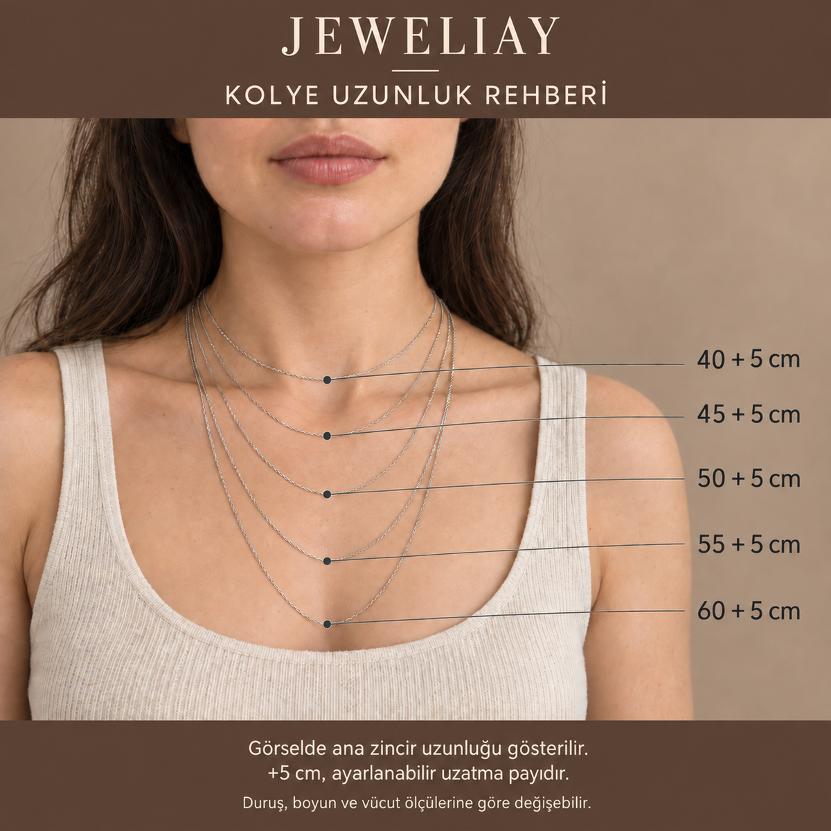 Jeweliay kolye uzunluk rehberi: manken üzerinde 40+5, 45+5, 50+5, 55+5 ve 60+5 cm zincir ölçüleri