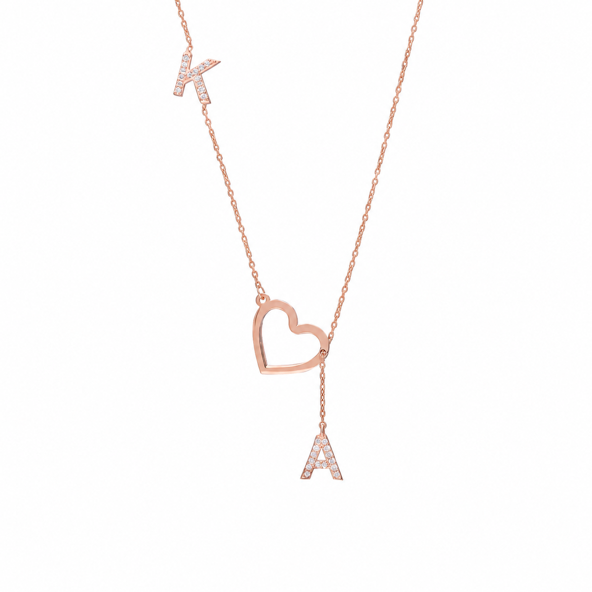 Kişiye Özel Çift Harf Asansör Kalp Kolye | 925 Ayar Gümüş – Jeweliay Jewelry – 3 – Rose beyaz fon #RENK_rose