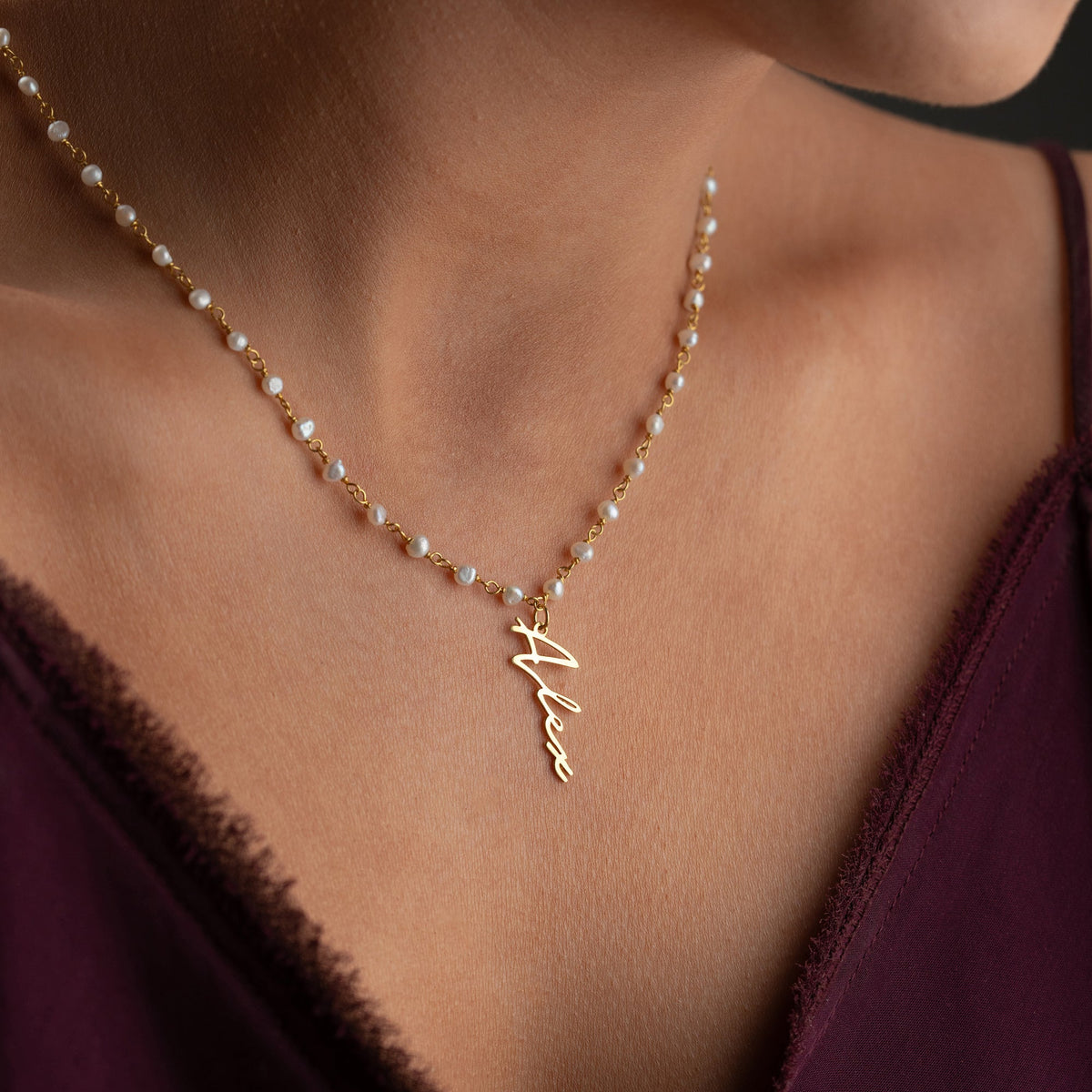 Kişiye Özel Dikey İsim Yazılı İncili Zincir Kolye | 925 Ayar Gümüş – Jeweliay Jewelry – 6