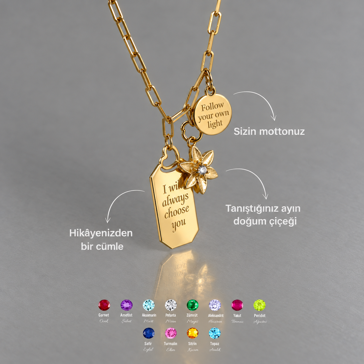 Kişiye Özel Doğum Çiçeği Detaylı İki Yazılı Plaka Kolye – Jeweliay Jewelry – 01