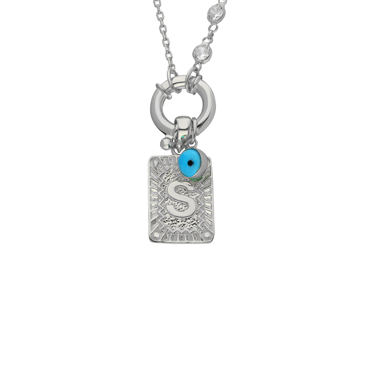 Kişiye Özel Harf Göz Nazar Sallantılı Kapama Taşlı Zincir Kolye | 925 Ayar Gümüş – Jeweliay Jewelry – 2 – Silver beyaz fon #RENK_silver