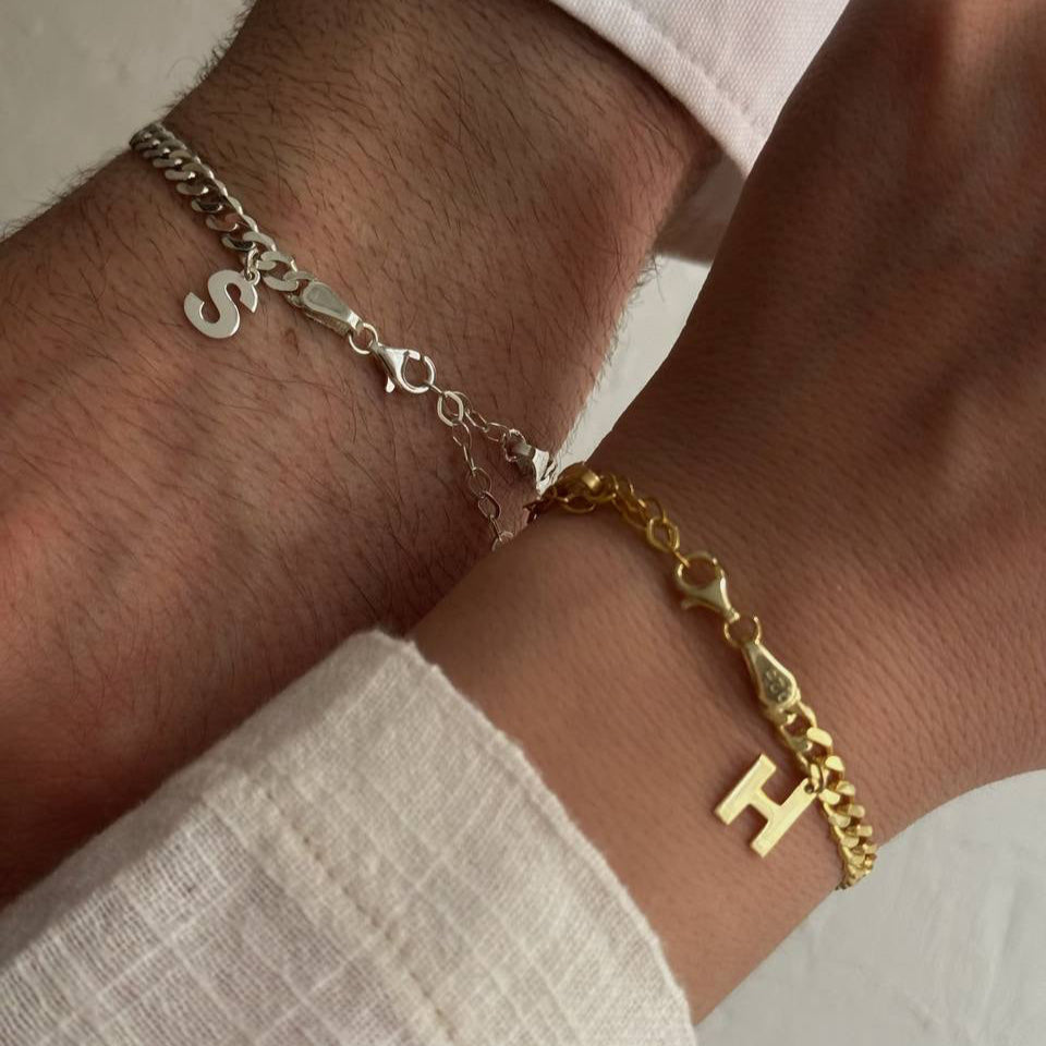 Kişiye Özel Harf Sallantılı Kalın Gurmet Zincir Çift Bilekliği | 925 Ayar Gümüş – Jeweliay Jewelry – 4