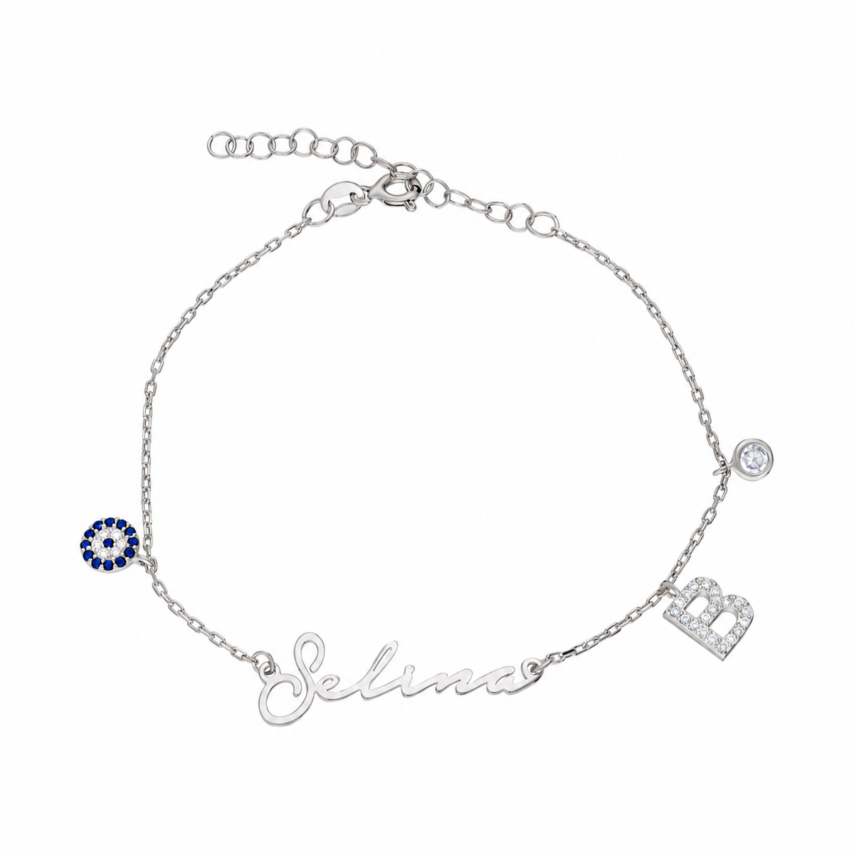 Kişiye Özel Harfli ve İsimli Nazarlı Sallantılı Notera Bileklik | 925 Ayar Gümüş – Jeweliay Jewelry – 2 – Silver beyaz fon #RENK_silver