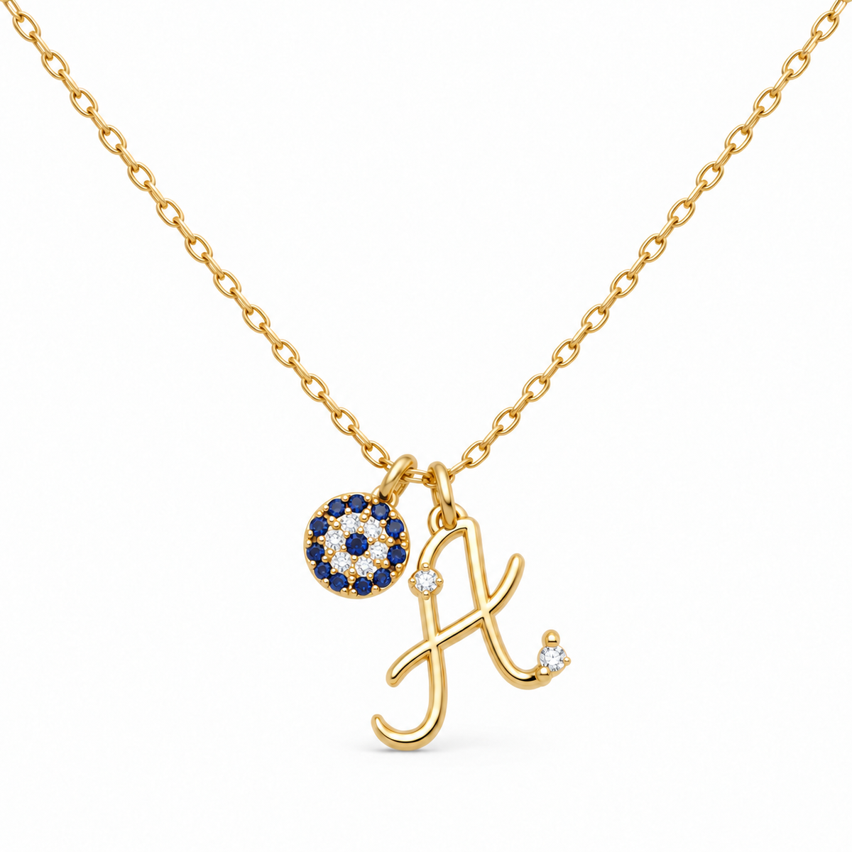 Kişiye Özel Işıltılı Nazar Figürlü Harf Kolye | 925 Ayar Gümüş — Gold — beyaz fon #Renk_gold