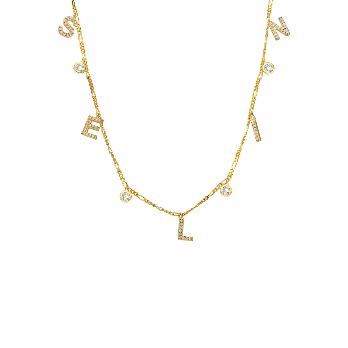 Kişiye Özel İsim Yazılı Kapama Taşlı Figaro Zincir Kolye | 925 Ayar Gümüş – Jeweliay Jewelry – 1 – Gold beyaz fon #RENK_gold