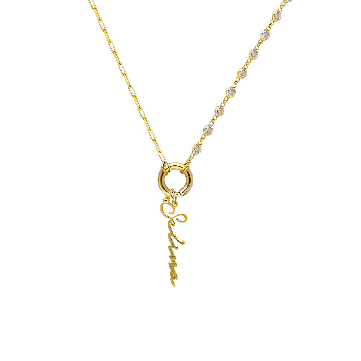 Kişiye Özel İsim Yazılı Kapama Taşlı Gemici Kilitli Zincir Kolye | 925 Ayar Gümüş — Gold — beyaz fon #RENK_gold