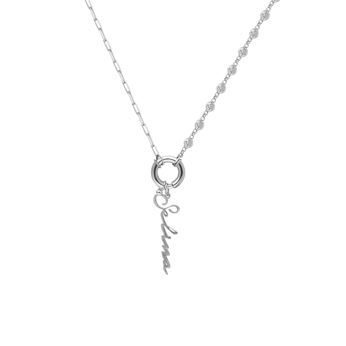Kişiye Özel İsim Yazılı Kapama Taşlı Gemici Kilitli Zincir Kolye | 925 Ayar Gümüş — Silver — beyaz fon #RENK_silver
