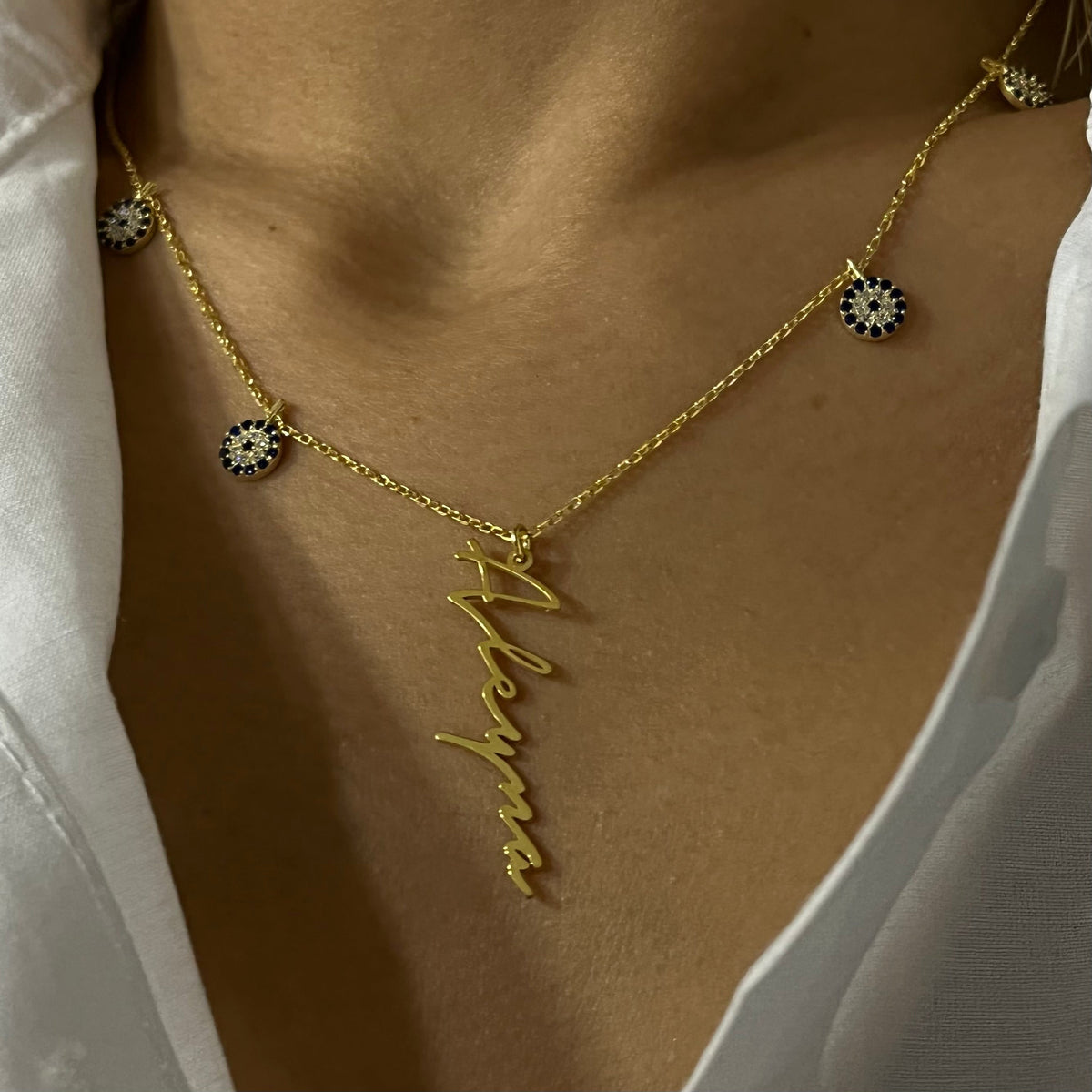 Kişiye Özel İsim Yazılı Zirkon Taşlı Nazar Şans İmza Kolye | 925 Ayar Gümüş – Jeweliay Jewelry – 4