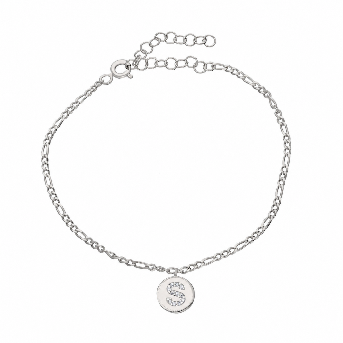 Kişiye Özel Taşlı Harf Figaro Zincir Bileklik | 925 Ayar Gümüş – Jeweliay Jewelry – 3 – Silver beyaz fon #RENK_silver