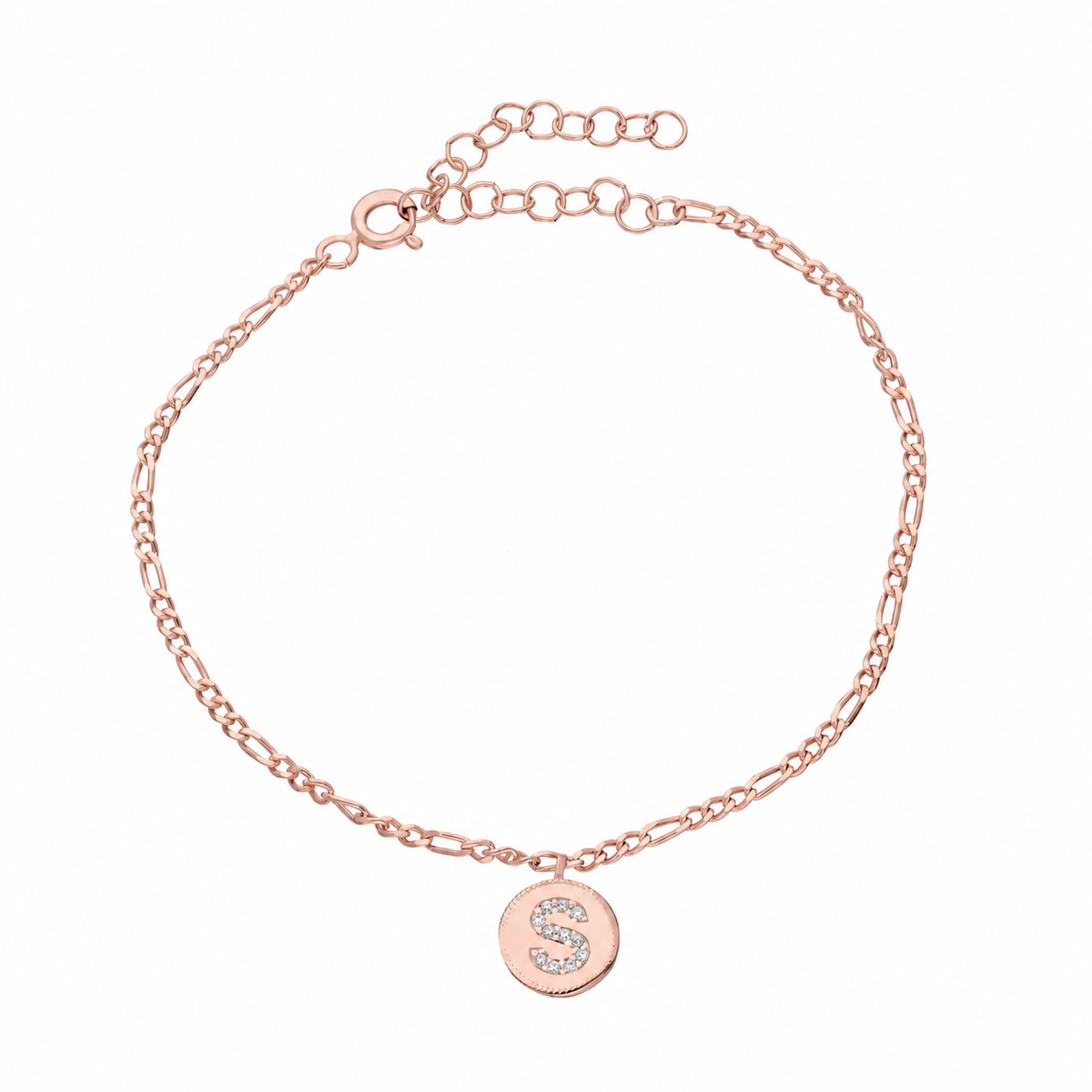 Kişiye Özel Taşlı Harf Figaro Zincir Bileklik | 925 Ayar Gümüş – Jeweliay Jewelry – 4 – Rose beyaz fon #RENK_rose