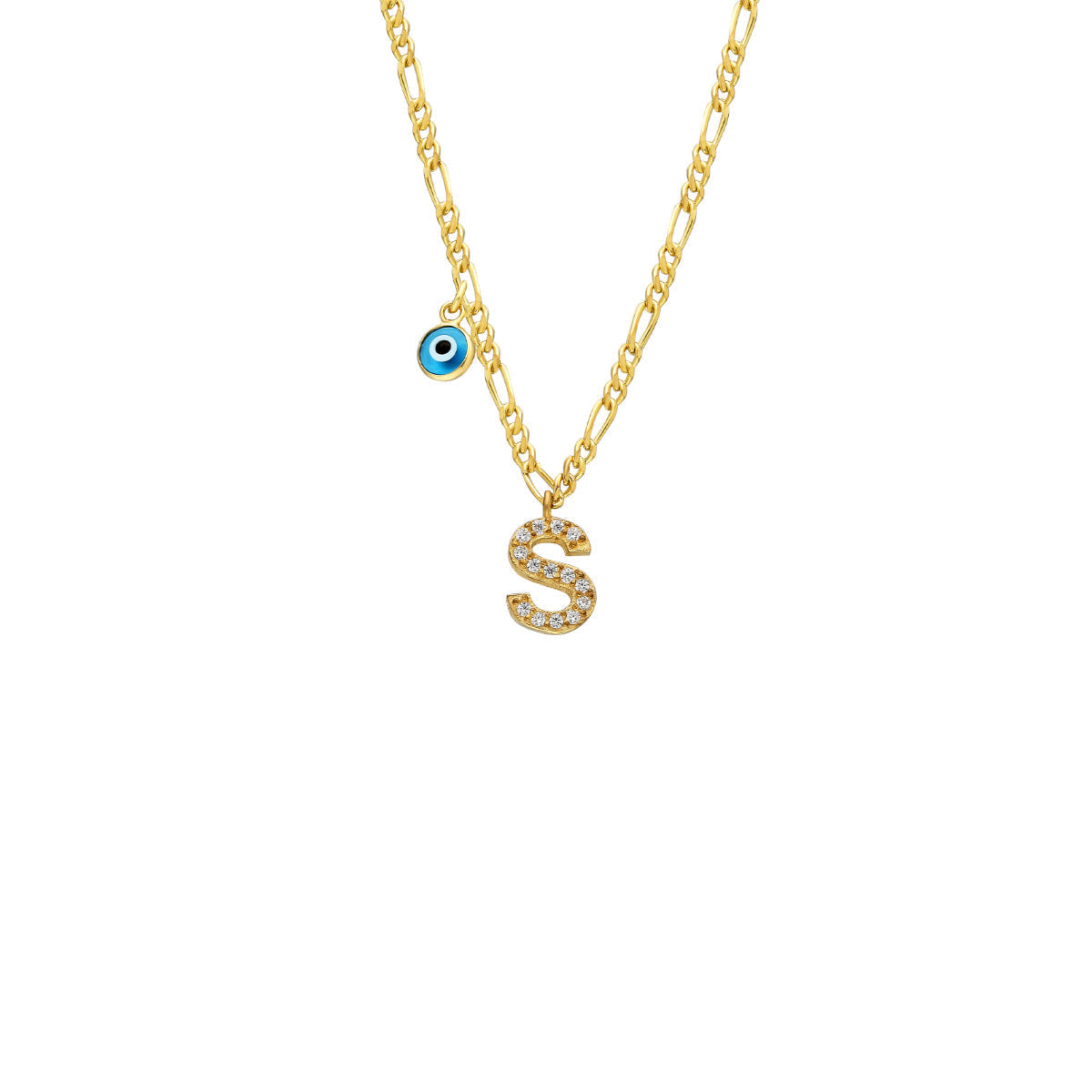 Kişiye Özel Taşlı Harf Göz Nazar Sallantılı Figaro Zincir Kolye | 925 Ayar Gümüş – Jeweliay Jewelry – 1 – Gold beyaz fon #RENK_gold