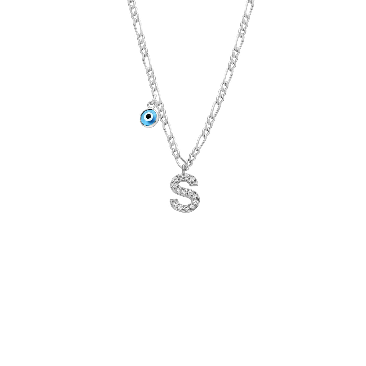 Kişiye Özel Taşlı Harf Göz Nazar Sallantılı Figaro Zincir Kolye | 925 Ayar Gümüş – Jeweliay Jewelry – 2 – Silver beyaz fon #RENK_silver