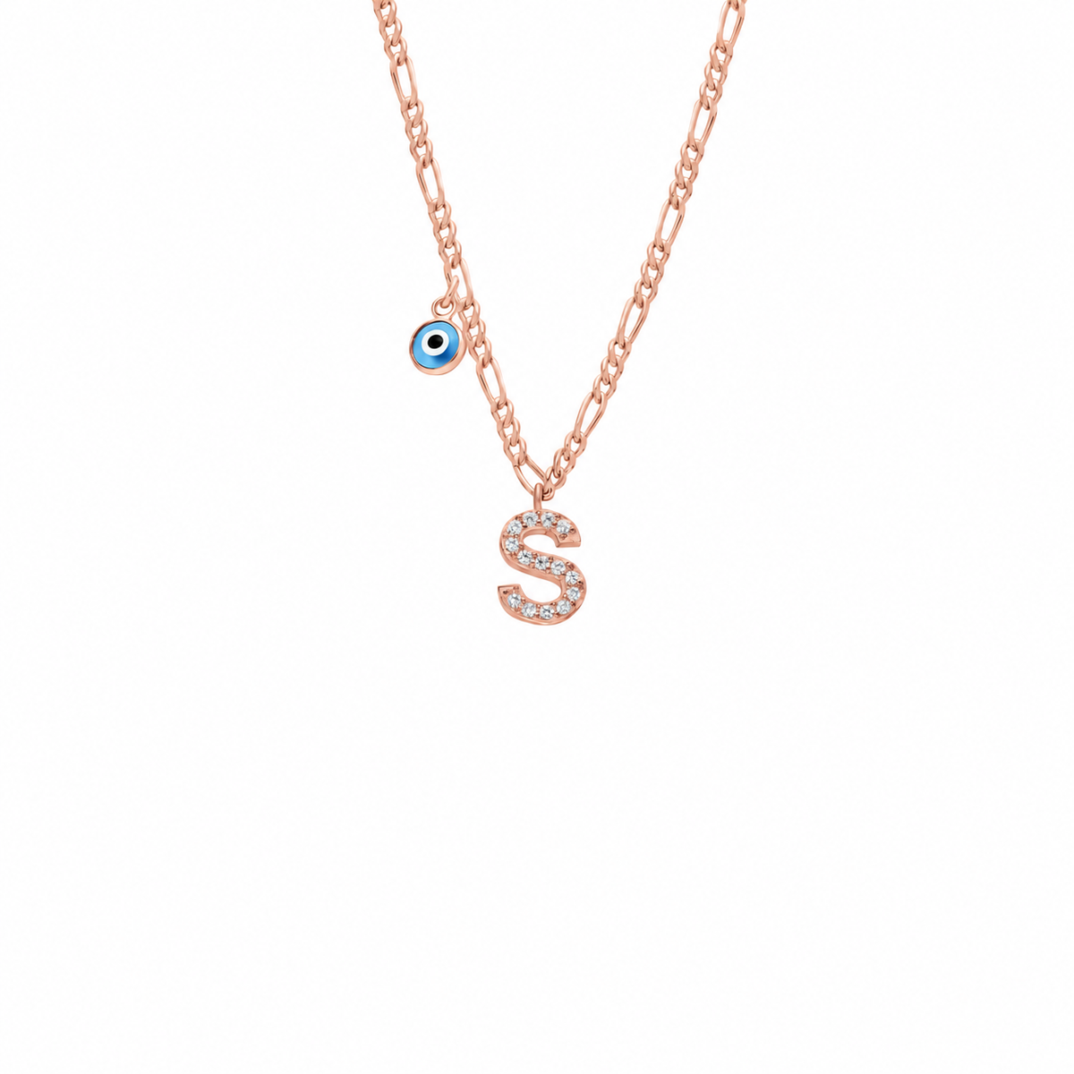 Kişiye Özel Taşlı Harf Göz Nazar Sallantılı Figaro Zincir Kolye | 925 Ayar Gümüş – Jeweliay Jewelry – 3 – Rose beyaz fon #RENK_rose