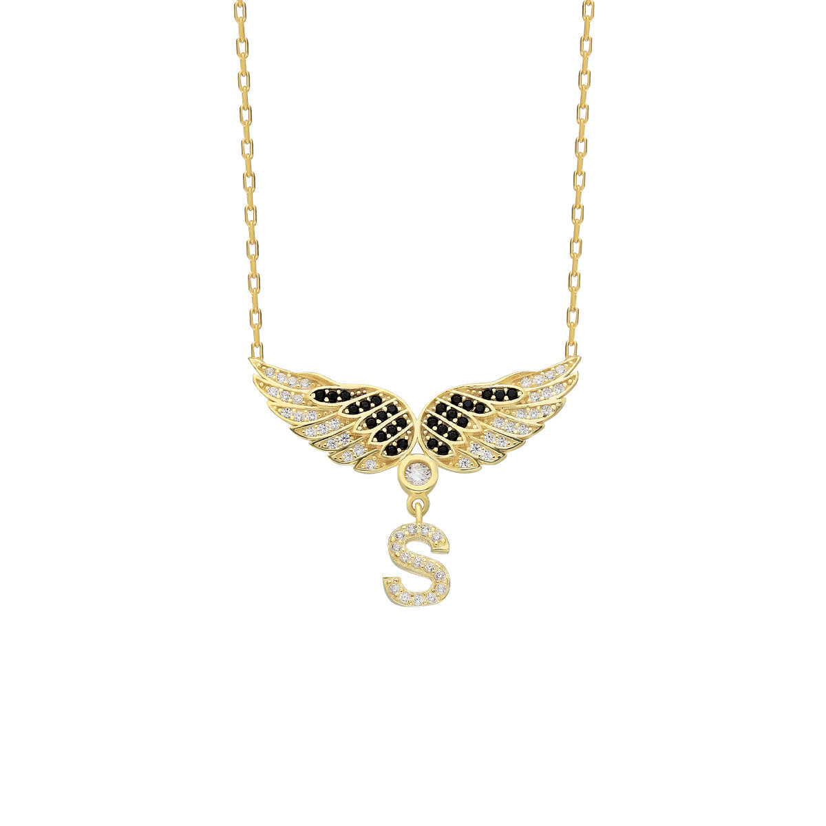 Kişiye Özel Taşlı Harf Sallantılı Melek Kanadı Kolye | 925 Ayar Gümüş – Jeweliay Jewelry – 1 – Gold beyaz fon #RENK_gold