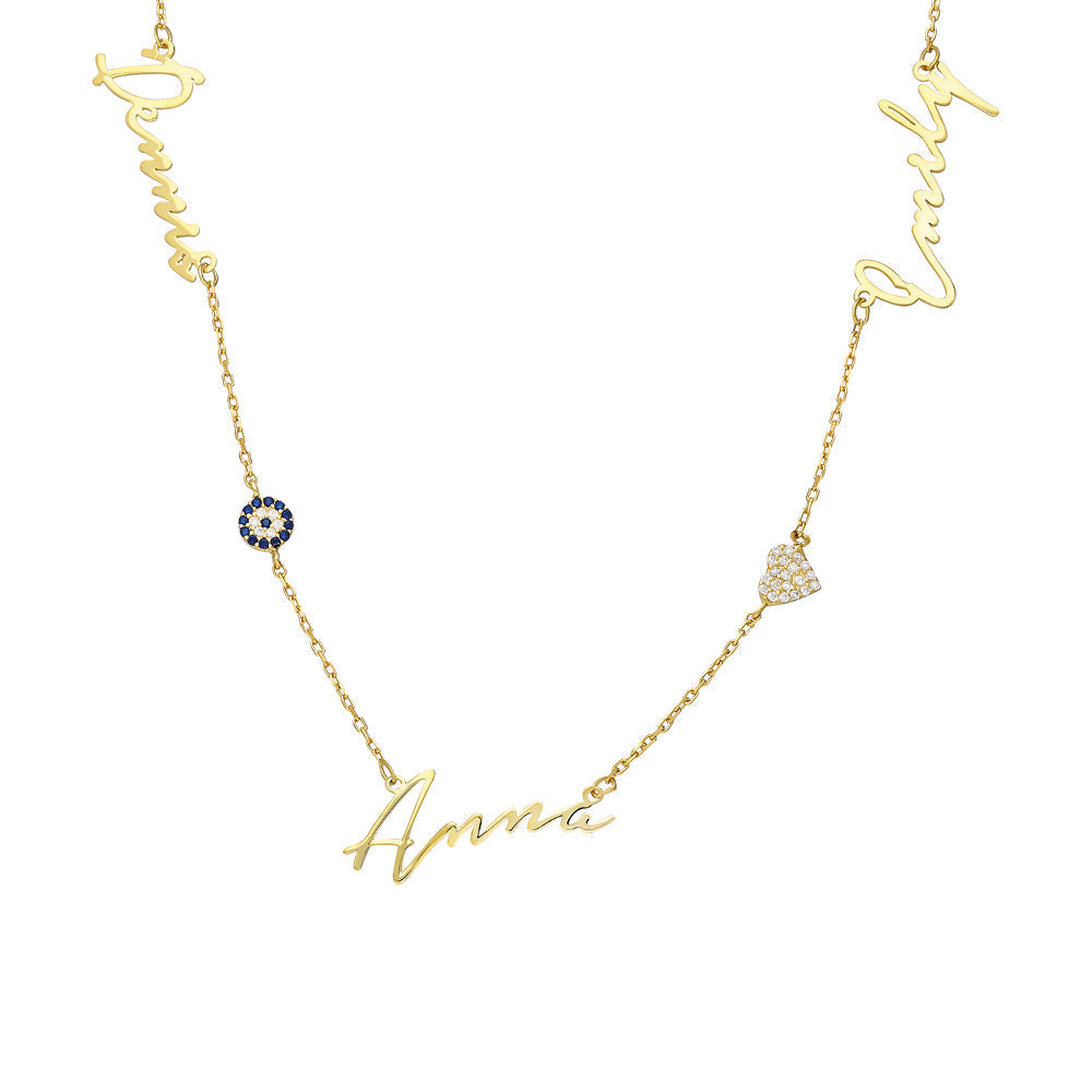 Kişiye Özel Üç İsim Yazılı Zirkon Taşlı Nazarlı ve Kalpli Kolye | 925 Ayar Gümüş – Jeweliay Jewelry – 1 – Gold beyaz fon #RENK_gold