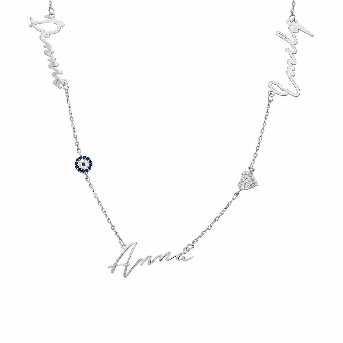 Kişiye Özel Üç İsim Yazılı Zirkon Taşlı Nazarlı ve Kalpli Kolye | 925 Ayar Gümüş – Jeweliay Jewelry – 2 – Silver beyaz fon #RENK_silver