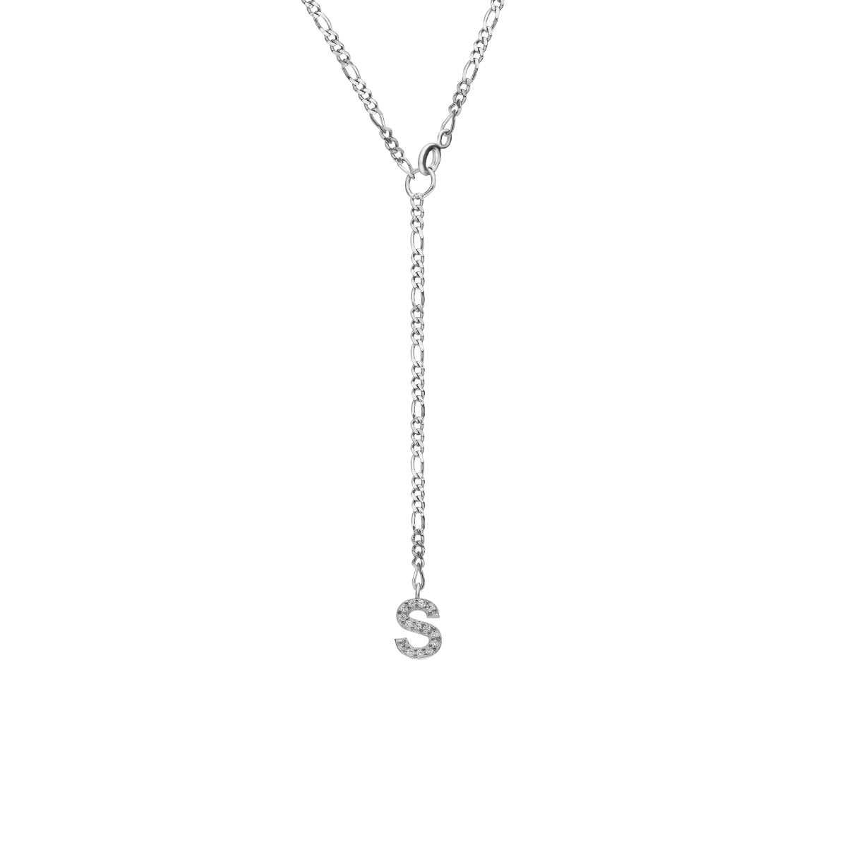 Kişiye Özel Zirkon Taşlı Harf Sallantılı Figaro Zincir Y Kolye | 925 Ayar Gümüş — Silver — beyaz fon #RENK_silver
