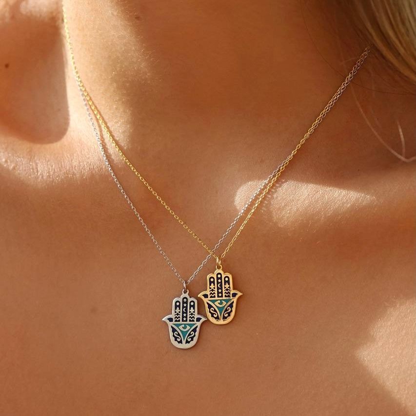 Motifli Mavi Mineli Fatma Ana Eli Kolye | 925 Ayar Gümüş – Jeweliay Jewelry – 4