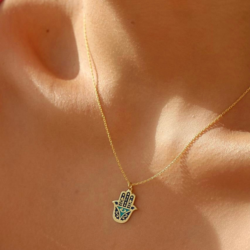 Motifli Mavi Mineli Fatma Ana Eli Kolye | 925 Ayar Gümüş – Jeweliay Jewelry – 5