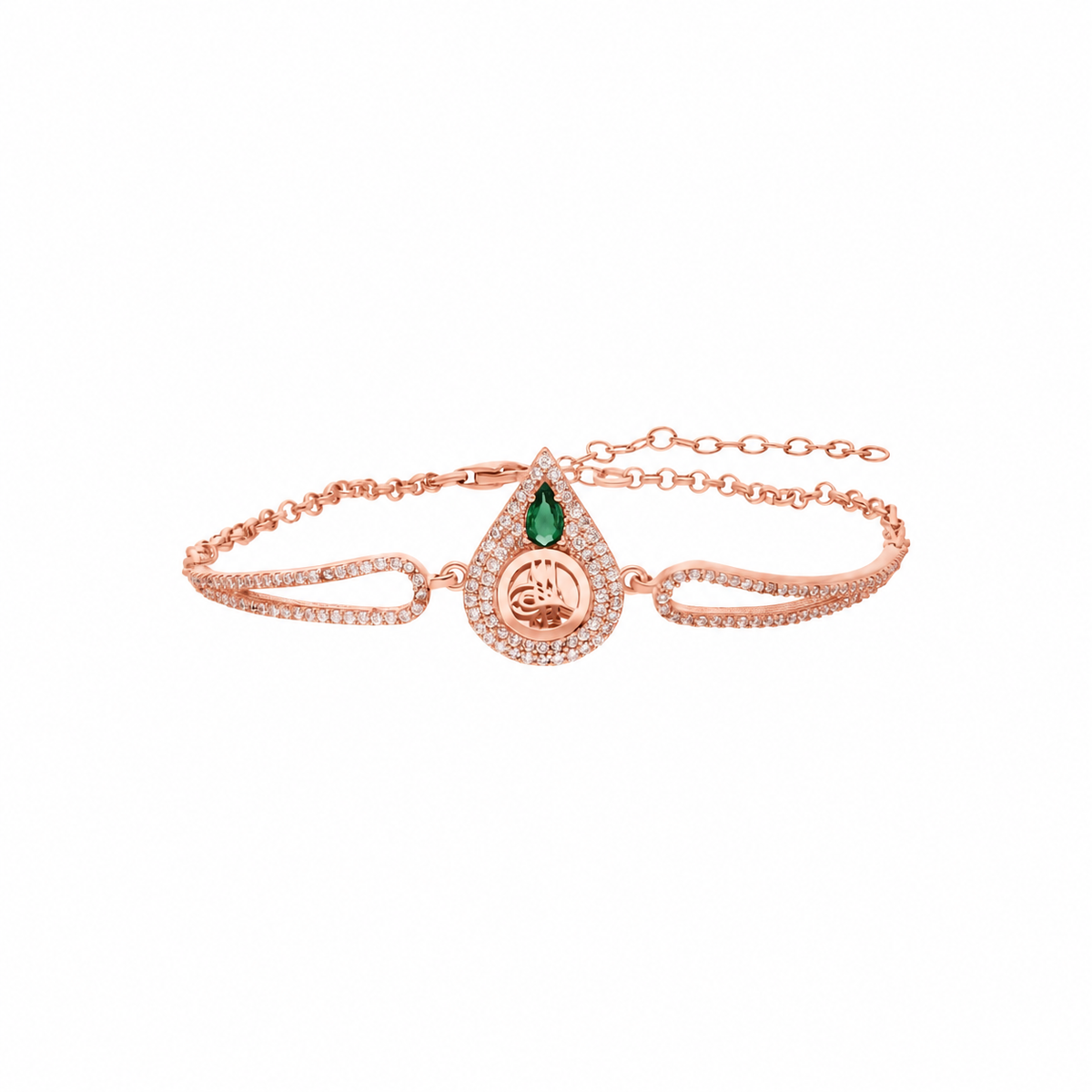 Zümrüt Taşlı Osmanlı Tuğrası Damla Model Bileklik | 925 Ayar Gümüş – Jeweliay Jewelry – 4 – Rose beyaz fon #RENK_rose