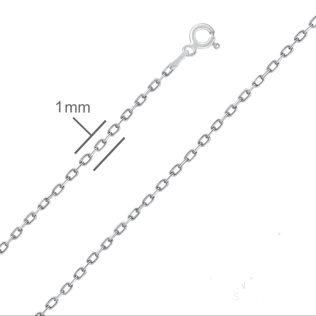 Gümüş renkli forse zincir kolye, zincirin 1 mm kalınlığını gösteren ölçü çizgisiyle.