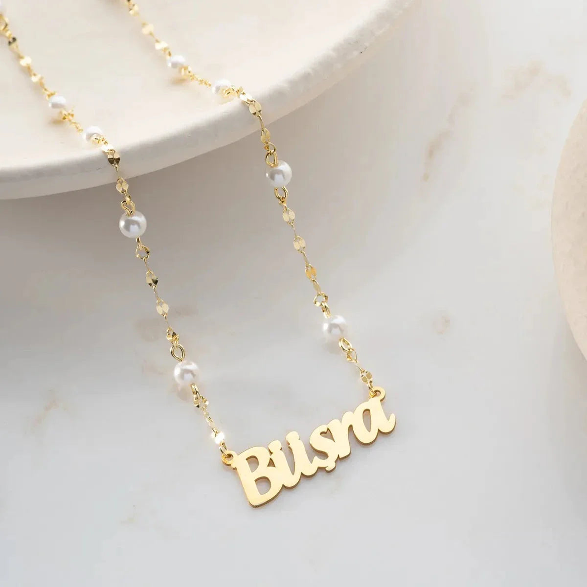 İNCİLİ EZME ZİNCİR İSİM KOLYE | 925 GÜMÜŞ