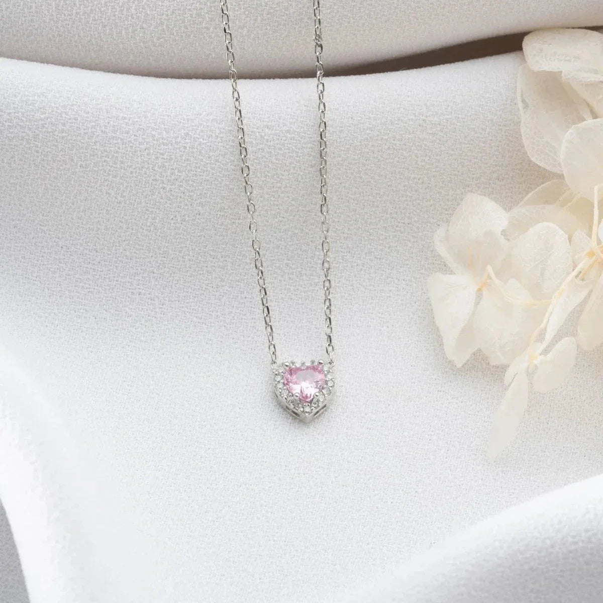 PEMBE TAŞLI KALP KOLYE | 925 GÜMÜŞ