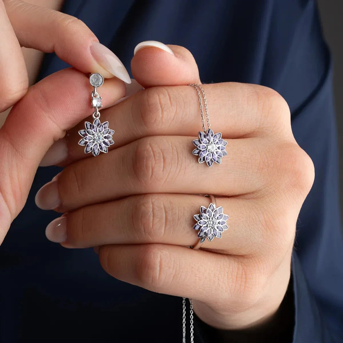 MOR TEK TAŞLI LOTUS KOLYE KÜPE YÜZÜK SET | 925 GÜMÜŞ