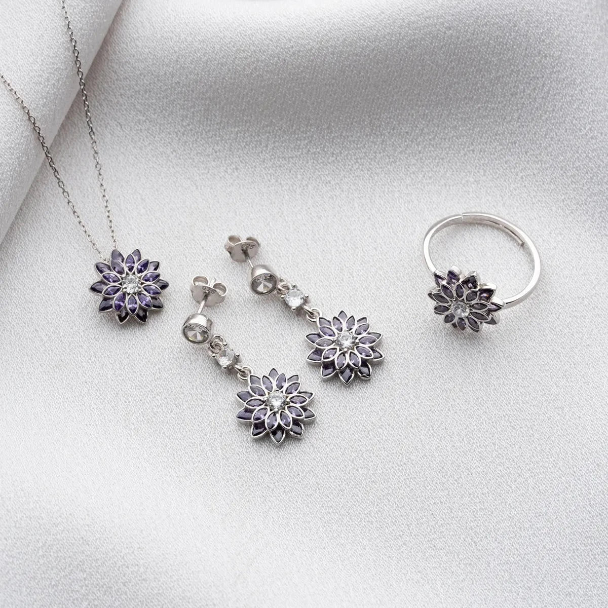 MOR TEK TAŞLI LOTUS KOLYE KÜPE YÜZÜK SET | 925 GÜMÜŞ