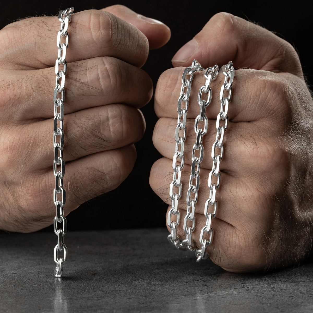 5 mm forse zincir erkek kolye-bileklik set, elde yakın görünümü.