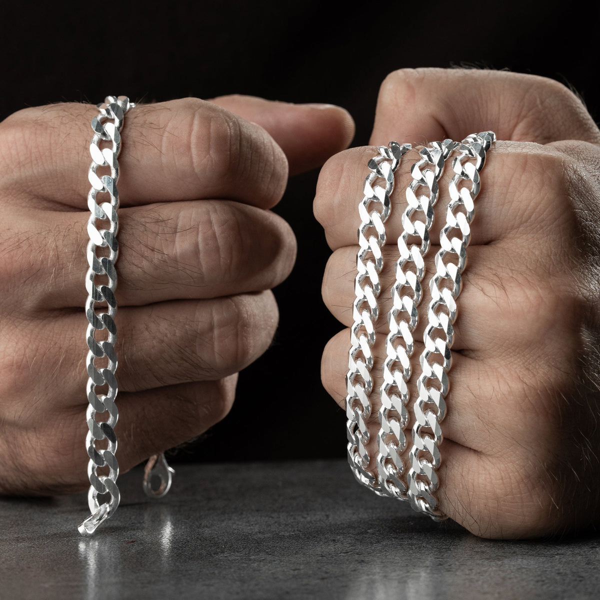 7.5 mm gurmet zincir erkek kolye-bileklik set, elde yakın görünümü.