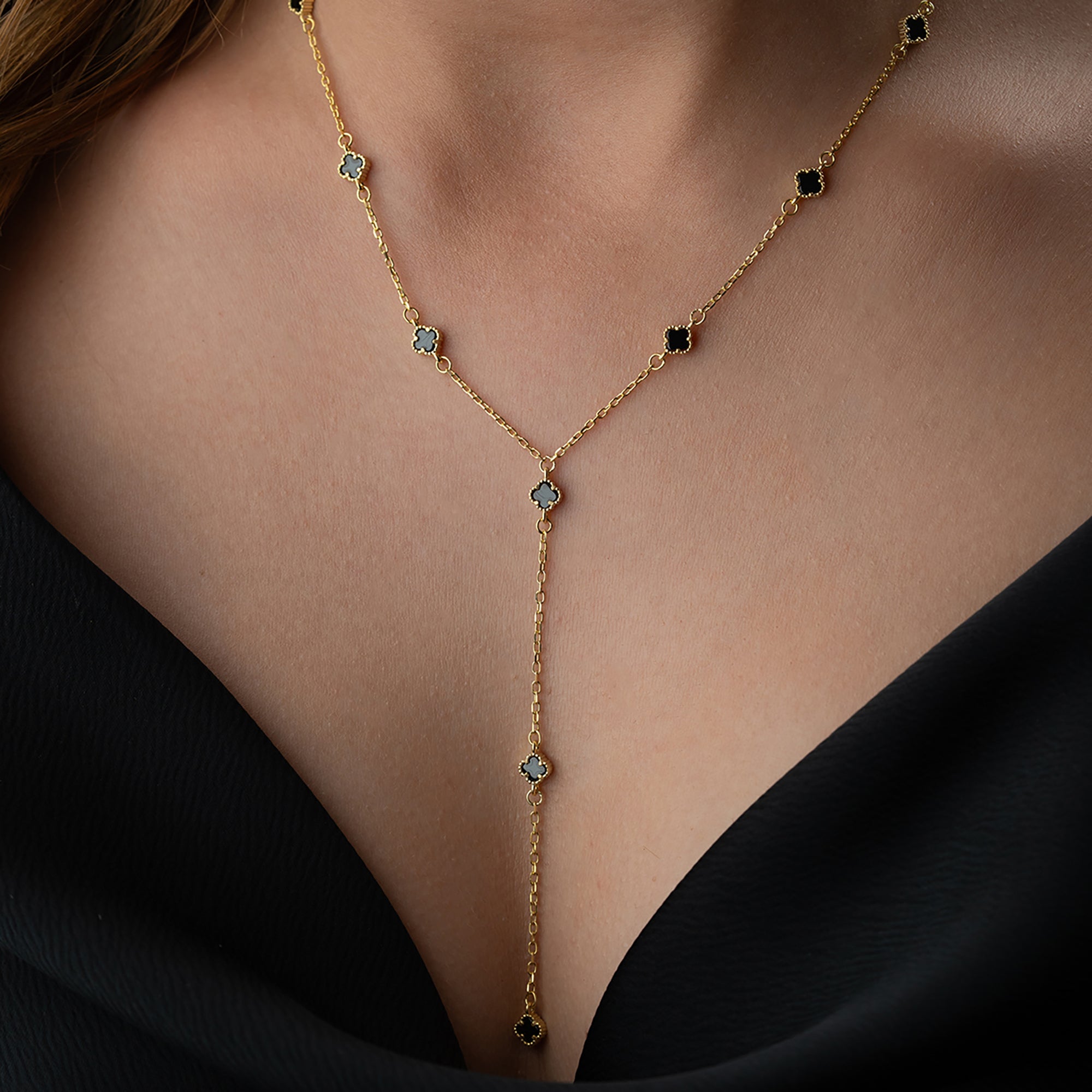 SİYAH MİNİ YONCA Y KOLYE  | 925 GÜMÜŞ