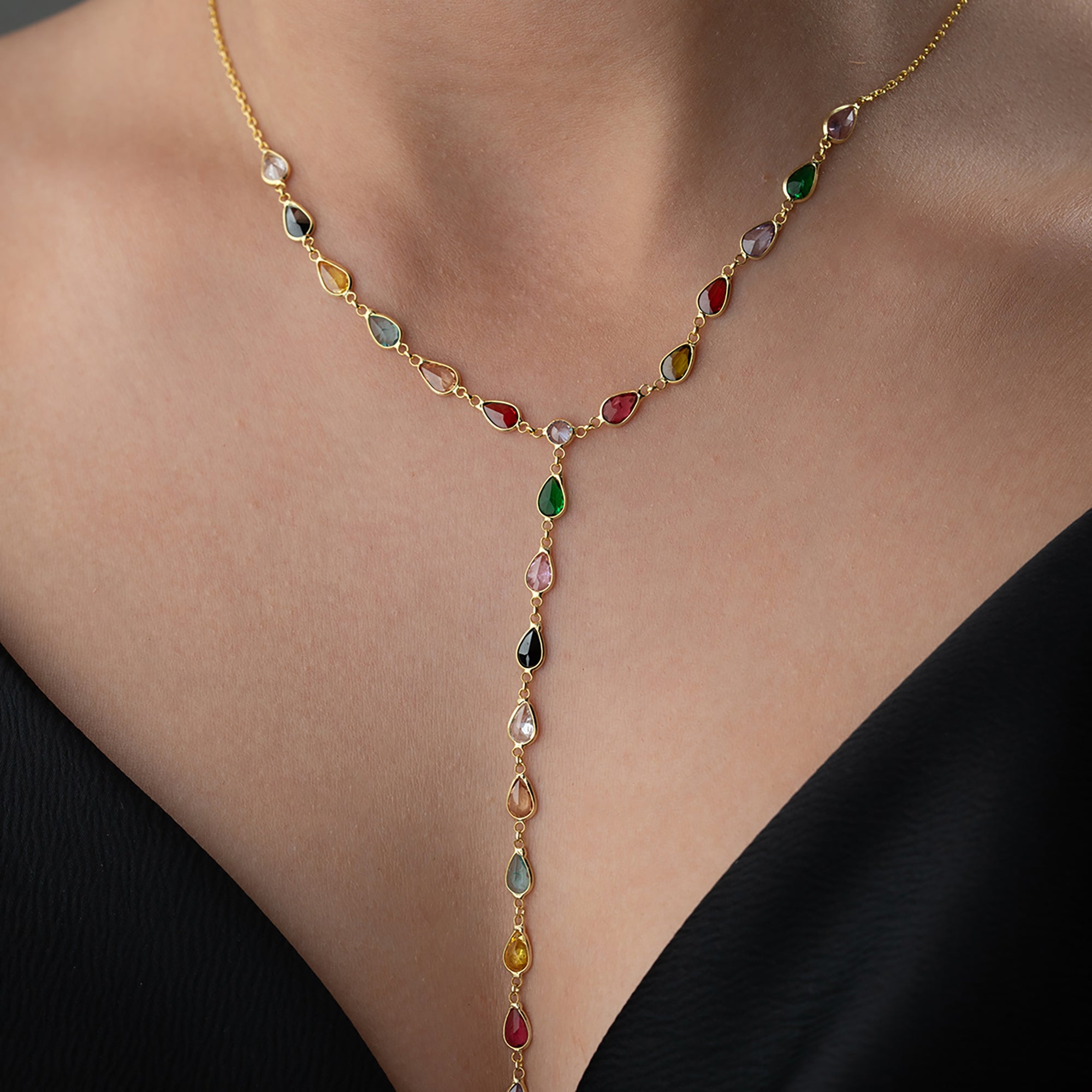 RENKLİ DAMLA TAŞ Y KOLYE  | 925 GÜMÜŞ