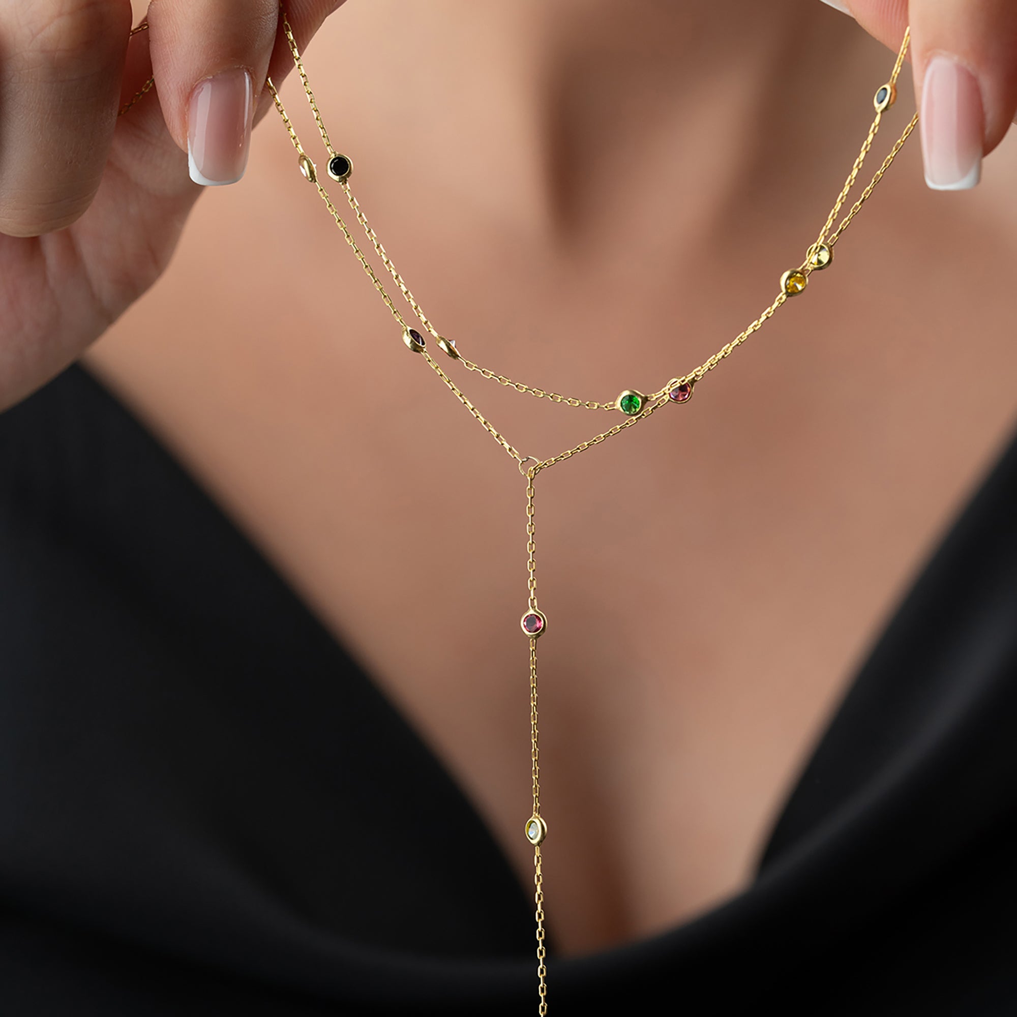 İKİLİ RENKİ TAŞLI Y KOLYE | 925 GÜMÜŞ