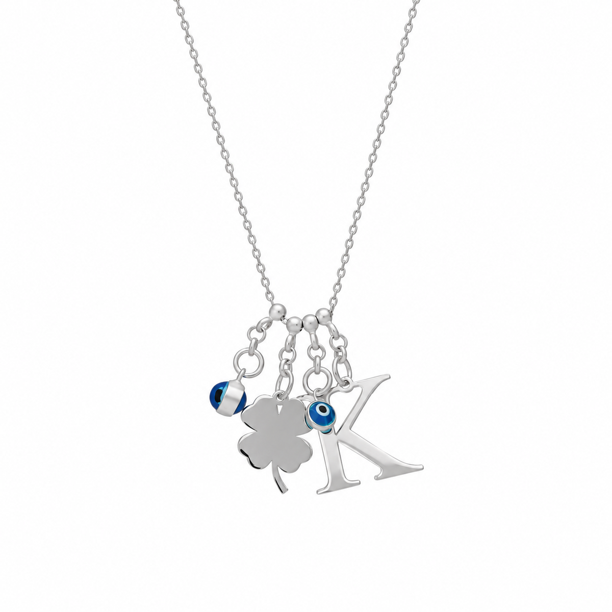 Kişiye Özel Çift Nazarlı ve Harfli Yonca Kolye | 925 Ayar Gümüş – Jeweliay Jewelry – 2 – Silver beyaz fon #RENK_silver