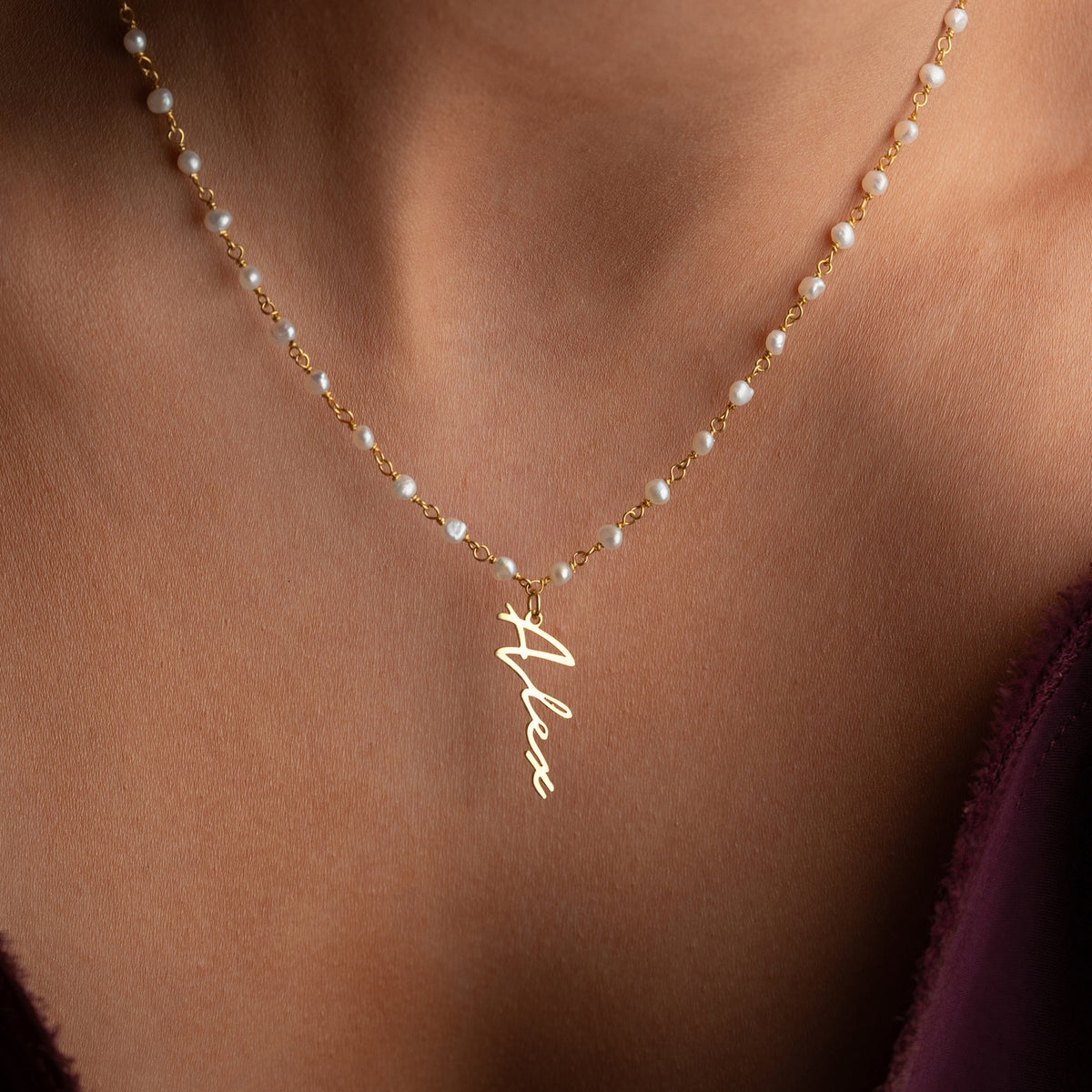 Kişiye Özel Dikey İsim Yazılı İncili Zincir Kolye | 925 Ayar Gümüş – Jeweliay Jewelry – 8
