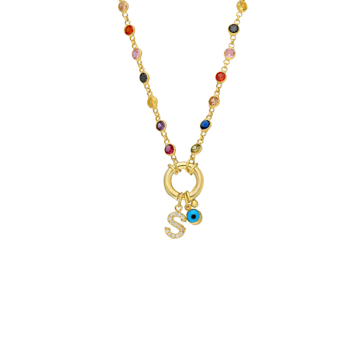 Kişiye Özel Harf Göz Nazar Sallantılı Renkli Kapama Taşlı Gemici Zincir Kolye | 925 Ayar Gümüş – Jeweliay Jewelry – 1 – Gold beyaz fon #RENK_gold