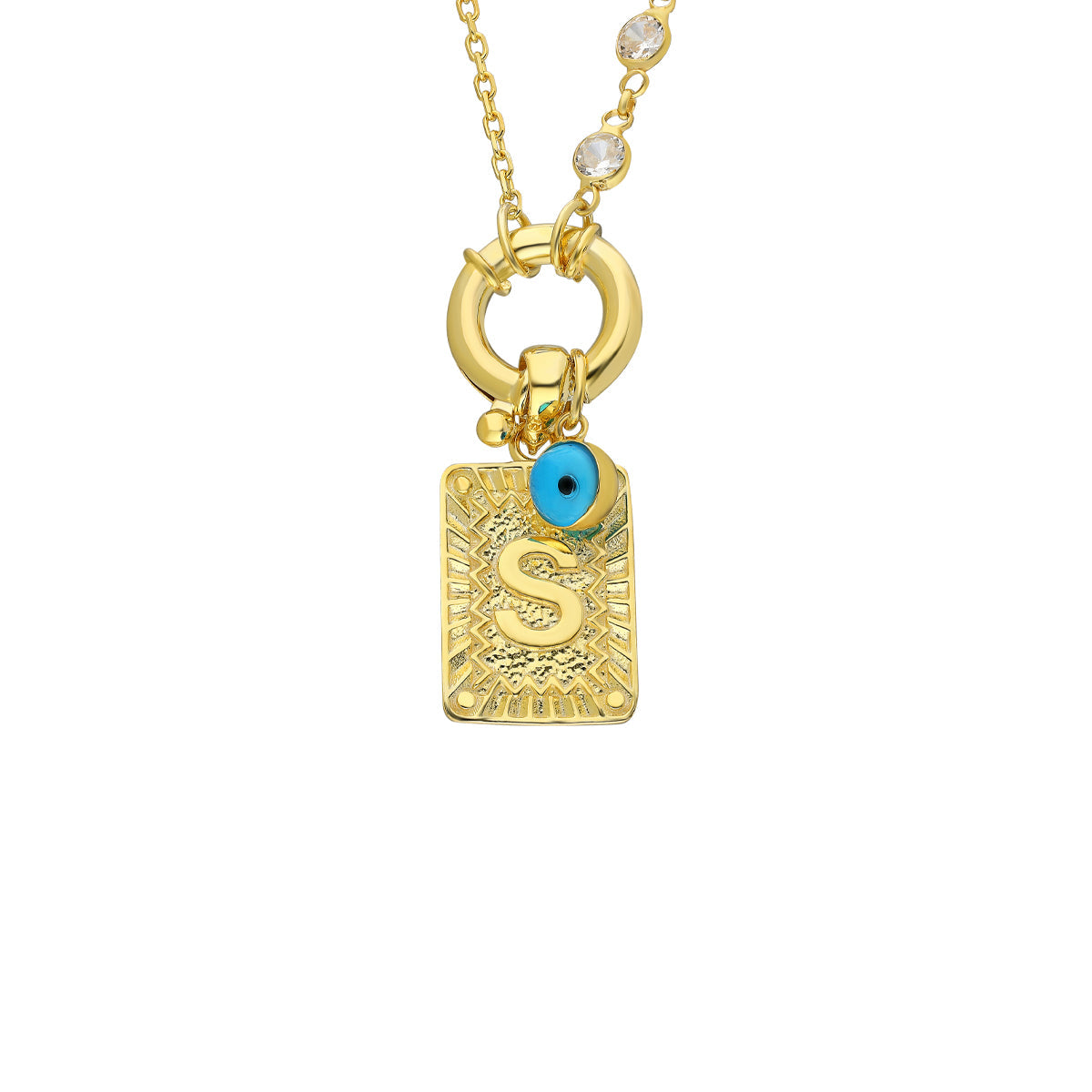 Kişiye Özel Harf Göz Nazar Sallantılı Kapama Taşlı Zincir Kolye | 925 Ayar Gümüş – Jeweliay Jewelry – 1 – Gold beyaz fon #RENK_gold